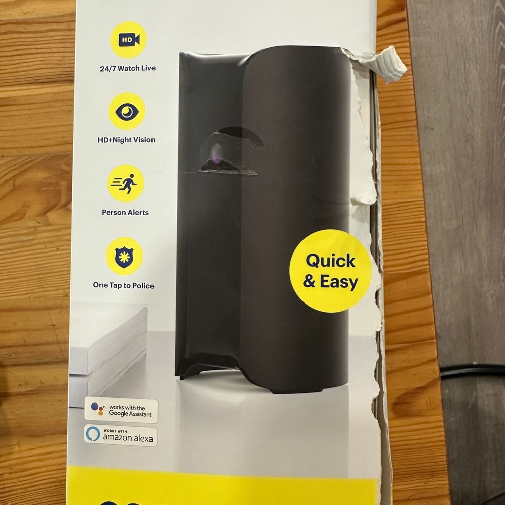 Canary indoor security camera works off app on phone. Includes two cameras
